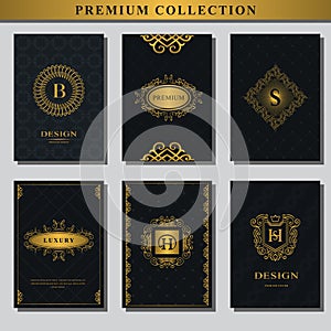 Set of gold emblems. Collection of design elements, labels, icon, frames, for packaging, design of luxury products. Logo design fo
