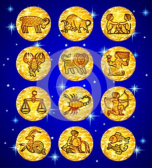 Set gold foil circles with zodiac symbols on blue starry background