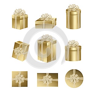 Set of gold gift boxes with bows and ribbons for christmas and birthday decorations