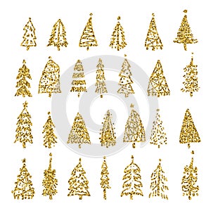 Set of gold glitter Christmas tree isolated on white background. Vector illustration.