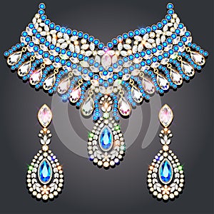 set of gold glittering choker necklace and earrings with precious stones