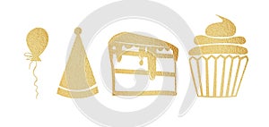 Set of gold icons for birthday, cake, cupcake, balloon isolated on white background. Bakery logo, sweet logo, gold logo