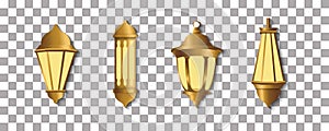 Set of Gold lanterns. Arabic shining lamps.