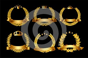 Set of gold laurel wreath. Laurel wreath with golden ribbon.