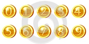 Set Gold Medal Coins Numbers from 0 to 9 symbols. Golden tokens for games, user interface asset elements. Vector