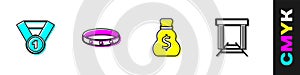 Set Gold medal, ring, Old money bag and mine icon. Vector