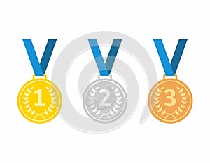 Set of gold medal, silver and bronze. Medals icons in flat style isolated on blue background. Medals Vector