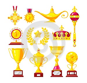 Set of gold medals, medals, cups, ornaments. Royal accessories, luxury.