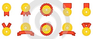 Set of Gold Medals with Red Ribbon and Stars on White Background. Golden Trophy with Red Ribbon. Rewards for Sport. Gold