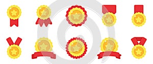 Set of Gold Medals with Red Ribbon and Stars on White Background. Shiny Golden Award Collection for Winner of