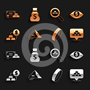 Set Gold mine, Eye with dollar, bars, ring, exchange money, certificate and Old bag icon. Vector