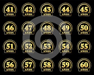 Set of gold numbers from 41 to 60 and the word of the year decorated with a circle of stars. Vector illustration. Translated from