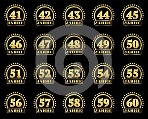 Set of gold numbers from 41 to 60 and the word of the year decorated with a circle of stars. Vector illustration. Translated from