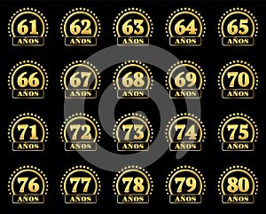 Set of gold numbers from 61 to 80 and the word of the year decorated with a circle of stars. Vector illustration. Translated from