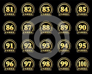 Set of gold numbers from 81 to 100 and the word of the year decorated with a circle of stars. Vector illustration. Translated from