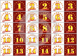 Set of gold numbers from 1 to 15 and the word of the year