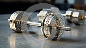 A set of gold and platinum barbells in a corporate gym, each inscribed with different investment sectors