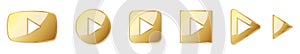 Set of gold play buttons. Play icons isolated. Vector illustration