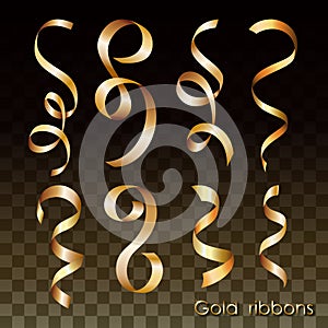 Set of gold ribbons. Curly strips for design invitations, decorations, Festive illustrations.