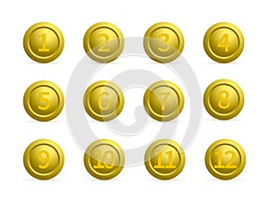 Set of gold round buttons with numbers from 1 to 12 with shadows. Golden buttons isolated on white. Numbered badges vector icons.