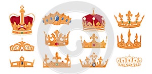 Set of gold royal crowns for king and queen, prince and princes monarchy crowning headdress