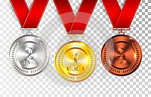 Set of gold, silver and bronze award medals with red ribbons. Medal round empty polished vector collection isolated on transparent