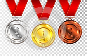 Set of gold, silver and bronze award medals with red ribbons. Medal round empty polished vector collection isolated on transparent