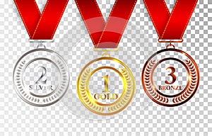 Set of gold, silver and bronze award medals with red ribbons. Medal round empty polished vector collection isolated on transparent