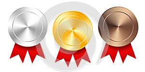 Set of gold, silver and bronze award medals with red ribbons. Medal round empty polished vector collection isolated on white photo