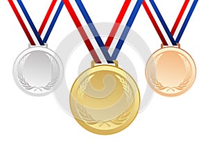 Set of gold, silver and bronze blank award medals with ribbons