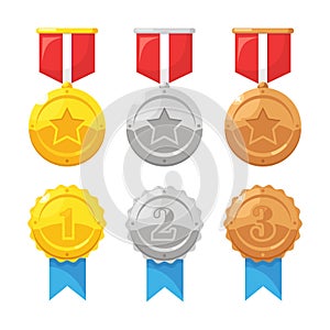 Set of gold, silver, bronze medal with star for first place. Trophy, award for winner isolated on background. Golden badge with
