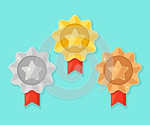 Set of gold, silver, bronze medal with star for first place. Trophy, award for winner isolated on blue background. Golden badge