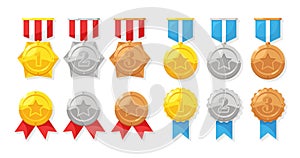 Set of gold, silver, bronze medal with star for first place. Trophy, award for winner isolated on white background. Golden badge