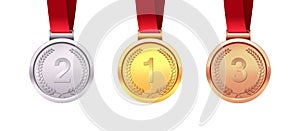 A set of gold, silver and bronze medals. Medal winners. Isolated on white background. Vector illustration.