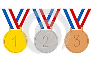 A set gold, silver and bronze Olympic medals. Sports game prize.