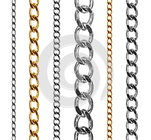 Set of gold and silver chains isolated on white