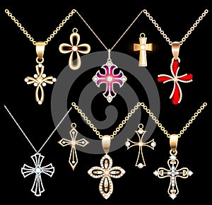 Set gold and silver cross pendant with gems