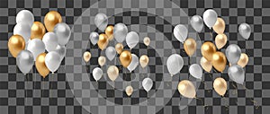 Set of gold, silver and white balloons isolated on transparent background. Vector illustration