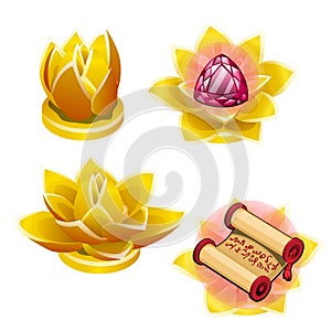 A set of gold statues in the shape of a Lotus flower isolated on white background. Vector cartoon close-up illustration.