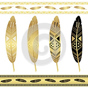 Set of gold tribal feathers. Flash tattoo ethnic seamless patterns.