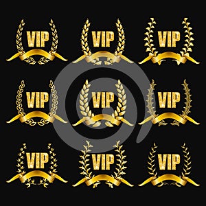Set of gold vip monograms for graphic design on black background.