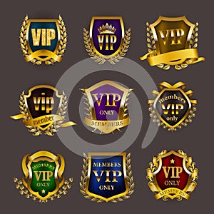 Set of gold vip monograms for graphic design on gray background.