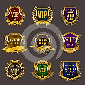 Set of gold vip monograms for graphic design on gray background.