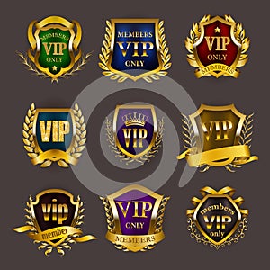 Set of gold vip monograms for graphic design on gray background.