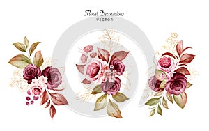 Set of gold watercolor floral arrangements of burgundy and peach roses and leaves. Botanic decoration illustration for wedding