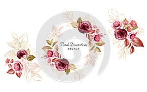 Set of gold watercolor floral arrangements of burgundy and peach roses and leaves. Botanic decoration illustration for wedding