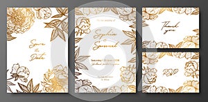 Set of gold and white wedding cards with peonies. Gold floral cards templates for save the date, thank you card, wedding invites, photo