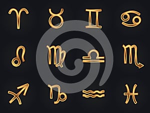 Set of gold zodiac signs vector icons. Horoscope elements. Astrologycal symbols