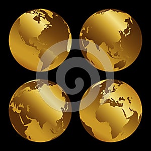 Set of golden 3d metal globes on black background, vecor illustration