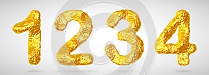Set of golden 3D numbers one, two, three, four